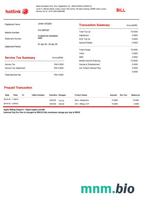 Szablon rachunku za media w Malezji Hotlink w formatach Word i PDF